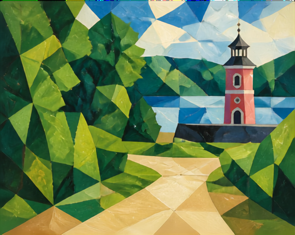 Gemalte Landschaft im Mosaik-Stil: ein Weg führt durch grünen Wald zu einem Turm am Wasser bei Moritzburg